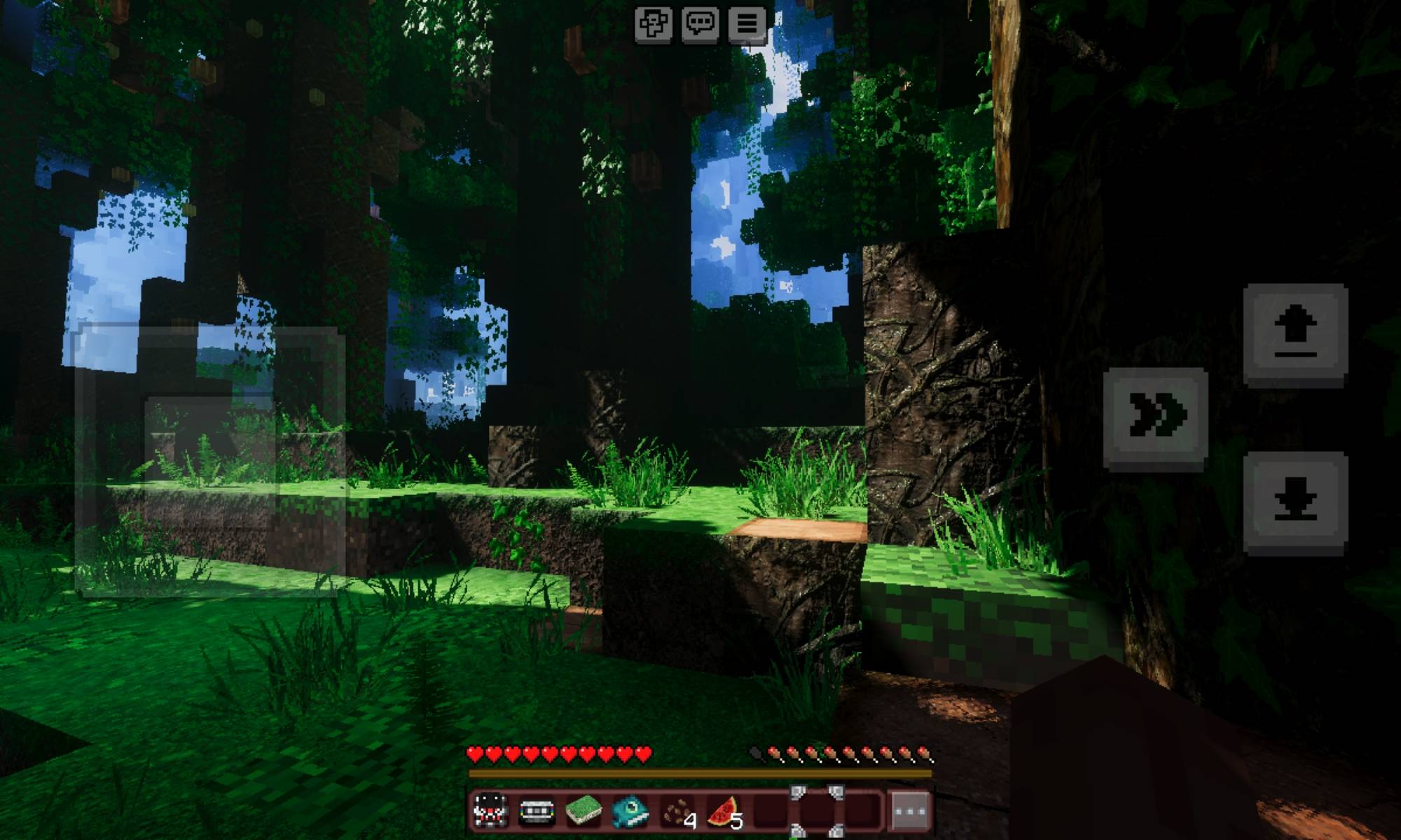 Screenshot Bedrock di Nightmare Overload caricato dall’autore: bosco scuro, controlli touch e HUD