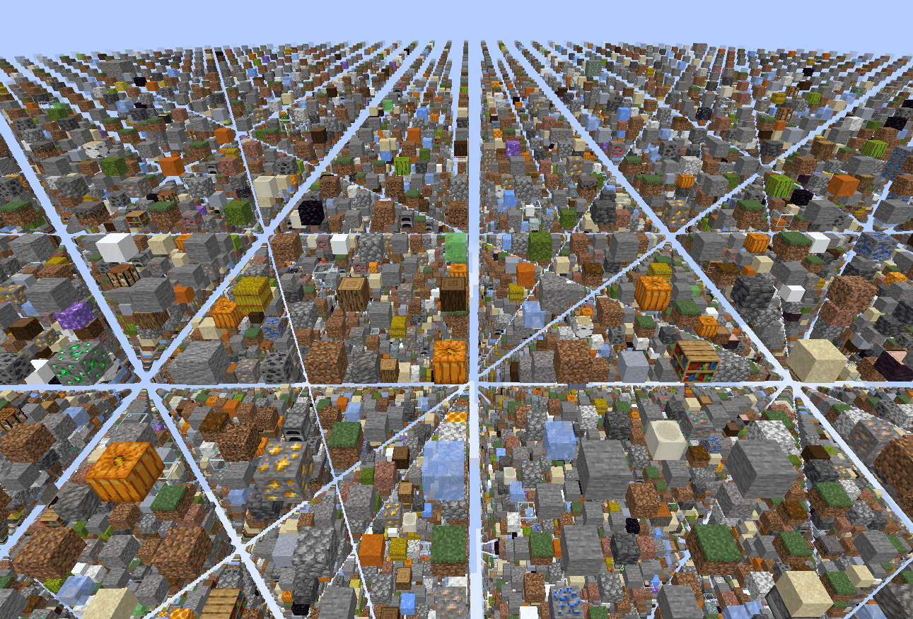 Thumbnail One block every four spaces, in every direction, all the way out. No terrain, no horizon — just the lattice and the gaps you have to cross.