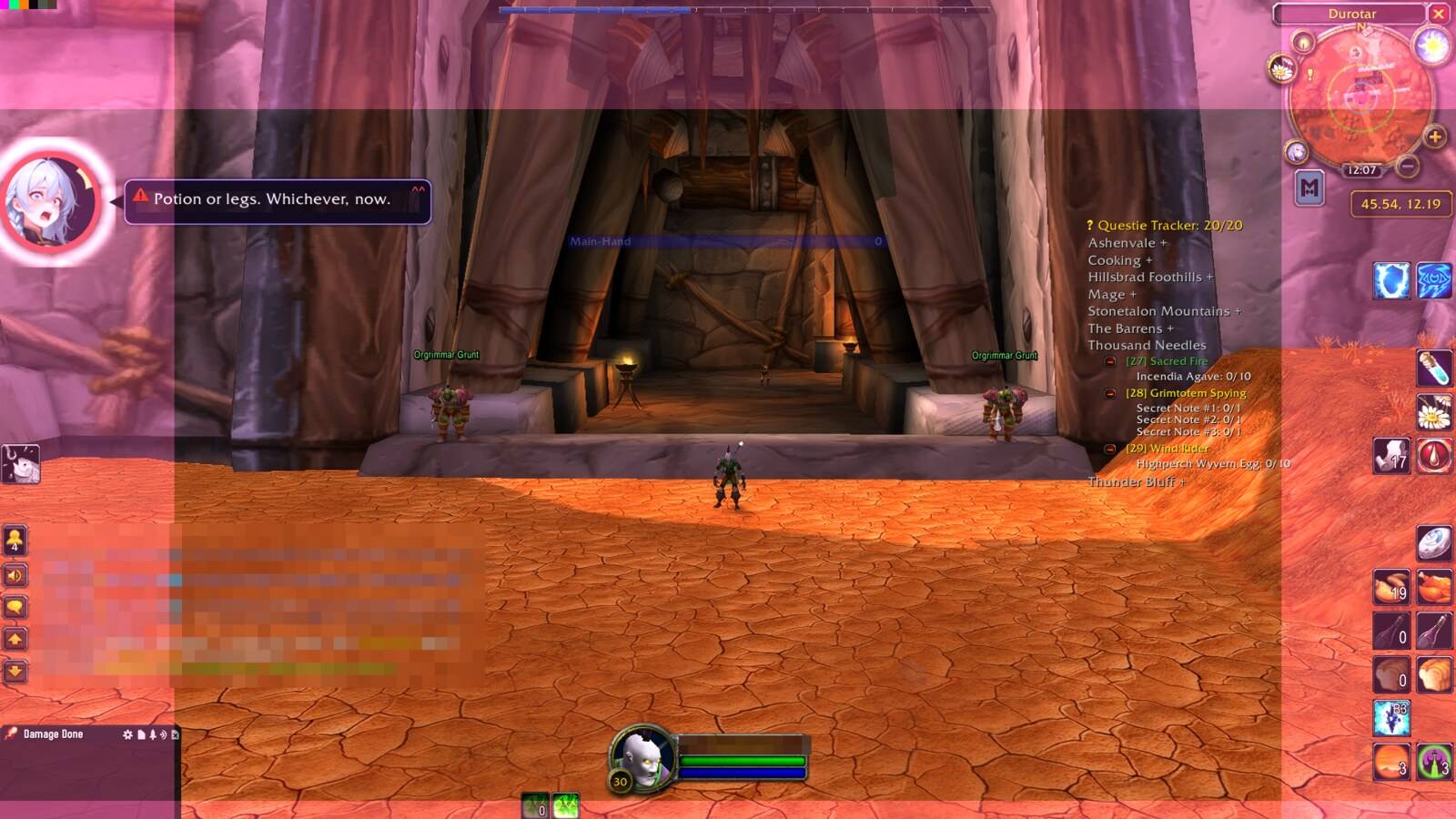 What a level-3 alarm looks like: red bubble border, screen-edge pulse, spoken line. "Potion or legs. Whichever, now." Triggered with /lyra test for the screenshot; the health bar is full on purpose, nobody risks a Hardcore character for a picture.
