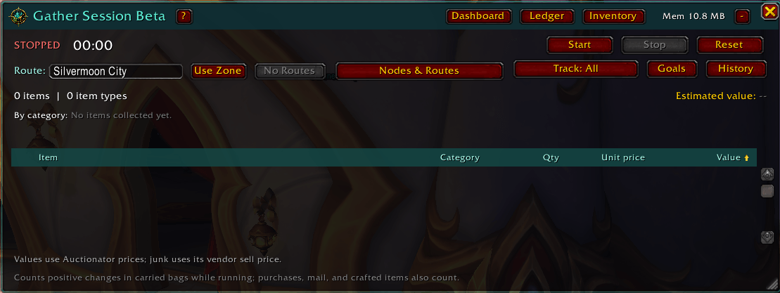 Thumbnail Session dashboard: route selection, controls, item table, value estimate, and session totals.
