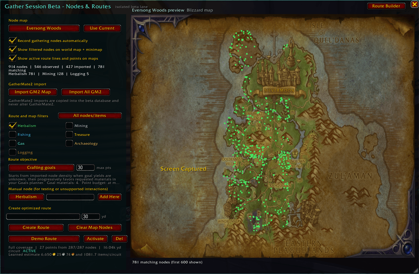 Thumbnail Nodes & Routes: learned/imported node map, profession filters, route objectives, and route creation controls.