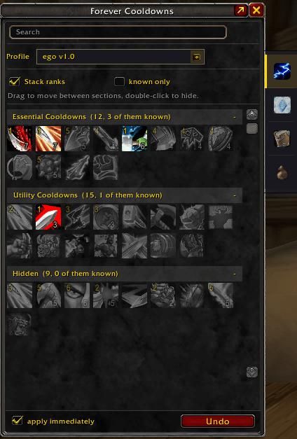 Thumbnail The same ability in thirty ranks collapses into a single row showing the highest rank you know. The number on the icon tells you which one.
