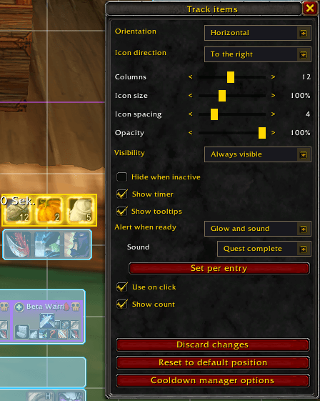 Thumbnail Orientation, size, spacing, opacity, visibility and ready alerts — per bar, in a window built to match Blizzard's Edit Mode.