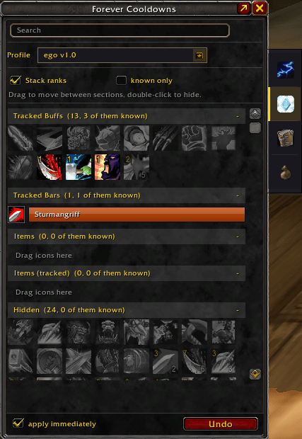 Thumbnail The second tab holds their buff side — tracked buffs, tracked bars and party buffs. Same handling as the cooldown tab: select, drag, done.