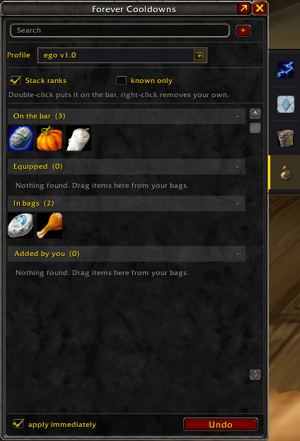 Thumbnail Equipped gear and bag contents in one list, with a section for what you added yourself. Drag straight from your bags to put something on a bar.