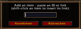 Thumbnail Paste an item ID or shift-click an item to insert its link — including things that are not in your bags right now, so a bar can be ready before the item is.