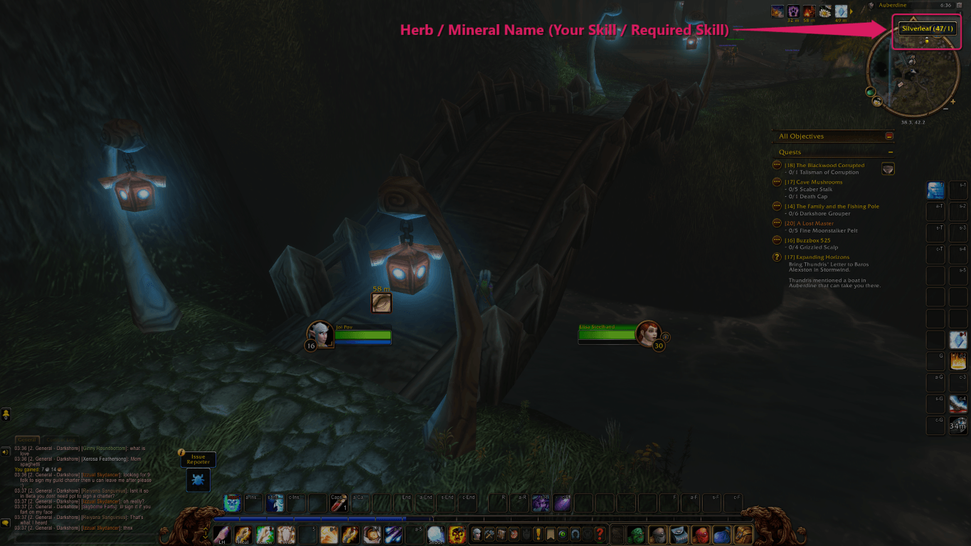 Hovering a herb or mineral on the minimap shows your skill and the skill required to gather it. For example, (47/1) means 47 is your Herbalism and 1 is the skill needed to pick that herb.