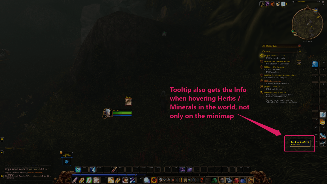 It works in the world too. Hovering a herb or mineral on the ground shows the same skill numbers and colors as the minimap tooltip.