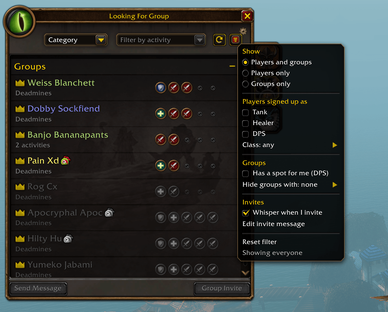 Filter by role and class, show only players or only groups, find groups with a spot for you, hide groups with classes you don't want, and whisper the players you invite.