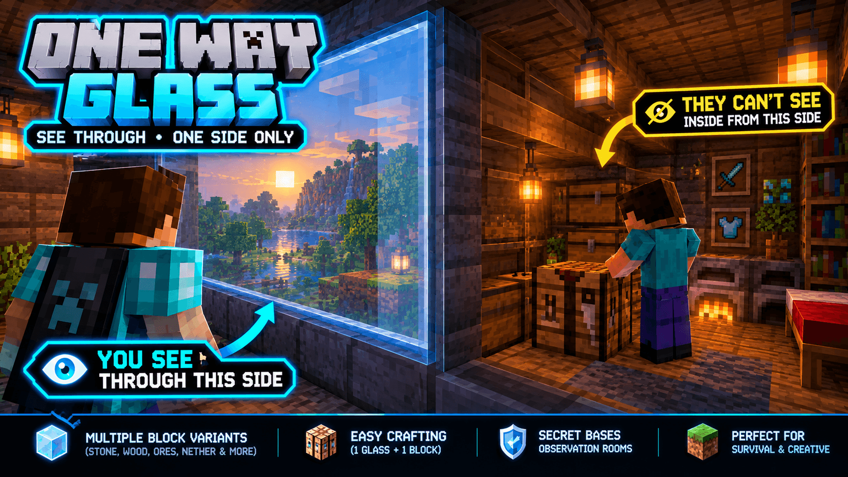 One Way Glass Mod See Through Blocks, Secret Bases & Hidden Rooms — screenshot 1