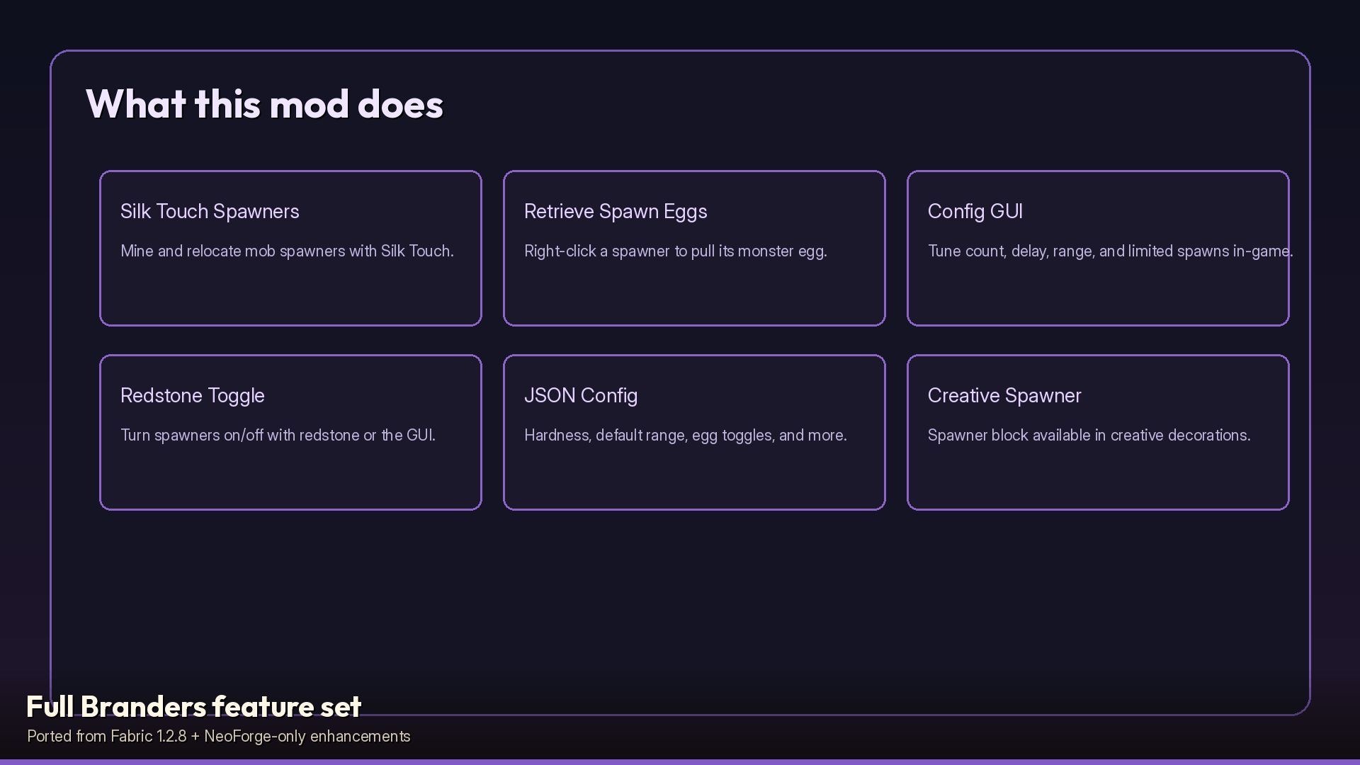 Thumbnail Feature overview cards — silk touch, eggs, GUI, redstone, config, creative