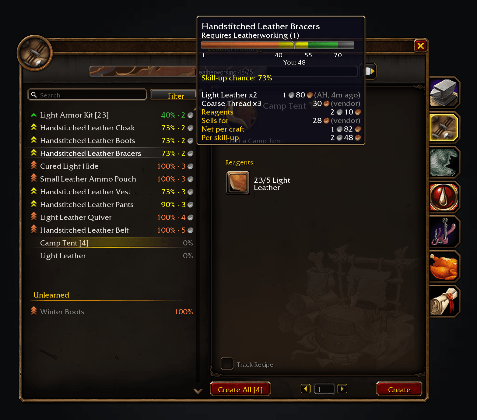Required skill, skill-up chance and cost per skill-up on every recipe row.