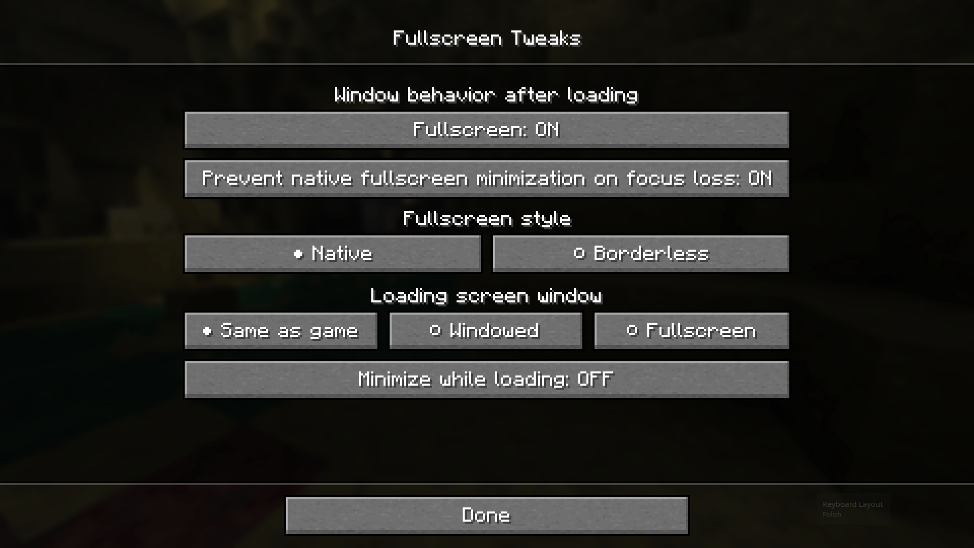 Screenshot of Fullscreen Tweak's in-game settings GUI