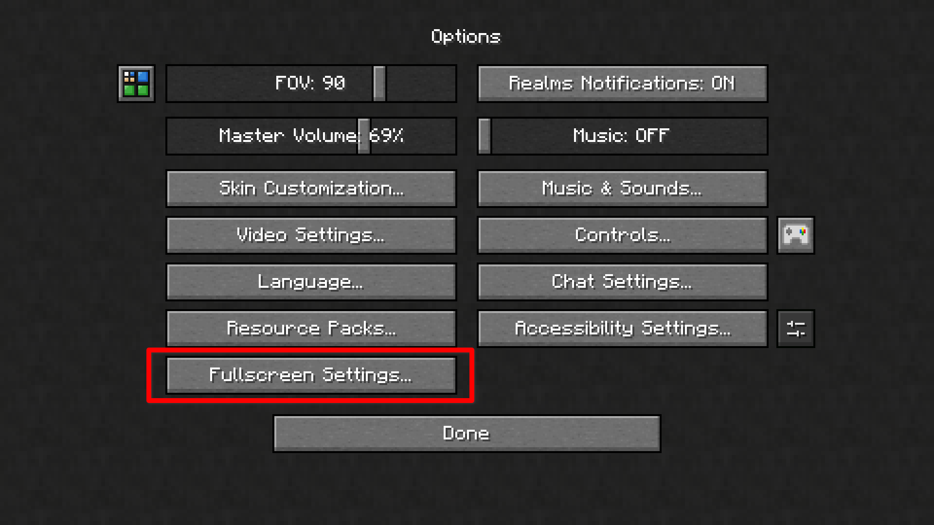 Example of the new fullscreen settings button's dynamic positioning inside of a large modpack
