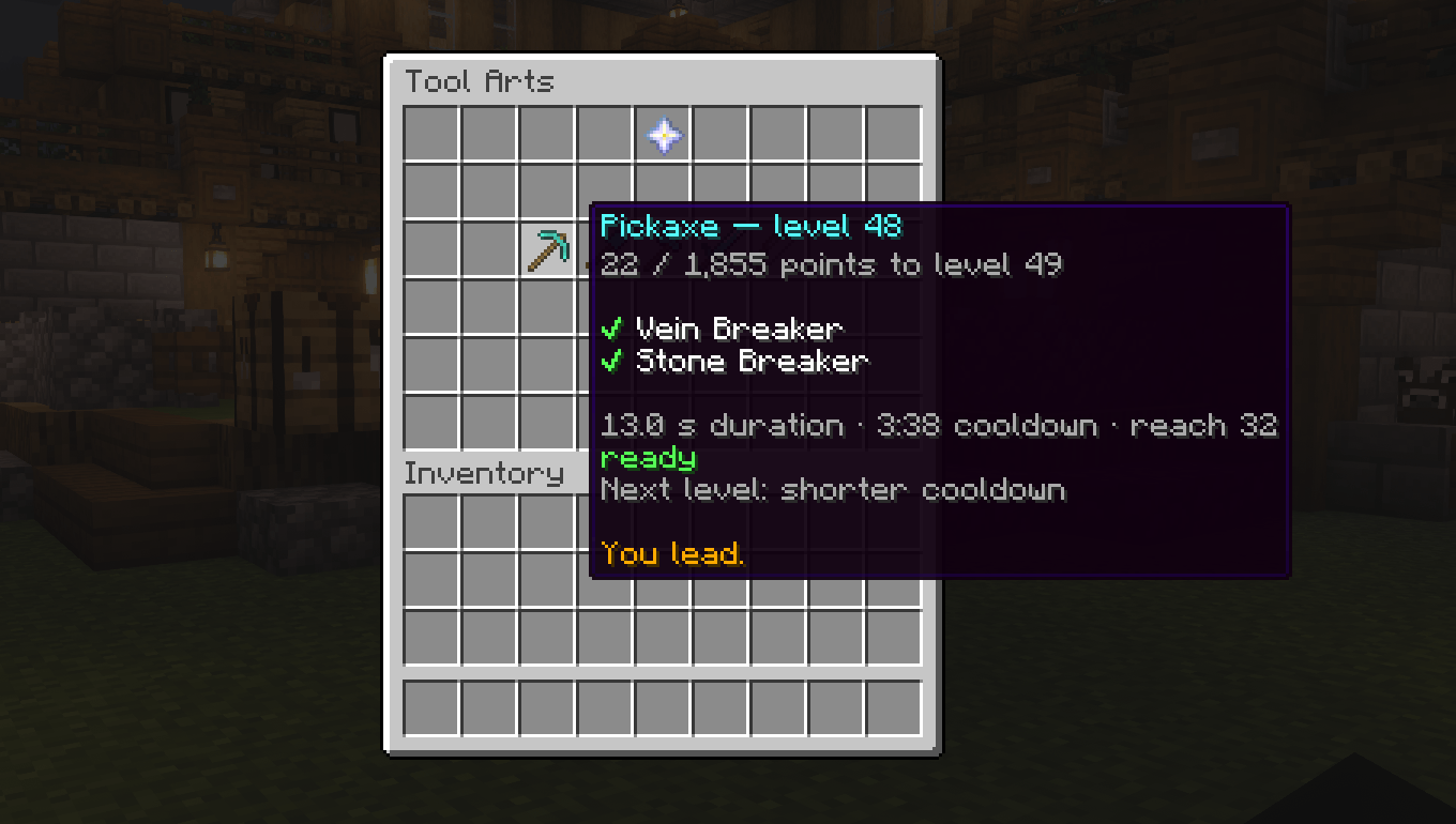Thumbnail /toolarts: points to the next level, unlocked abilities, duration, cooldown, reach, and who leads.