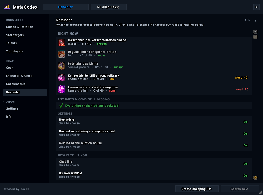 On entering a dungeon or raid the addon says what is missing: consumables below your target, open enchants, empty sockets. Chat line, its own window, a raid warning, a sound - any combination, and a preview shows exactly what would appear.