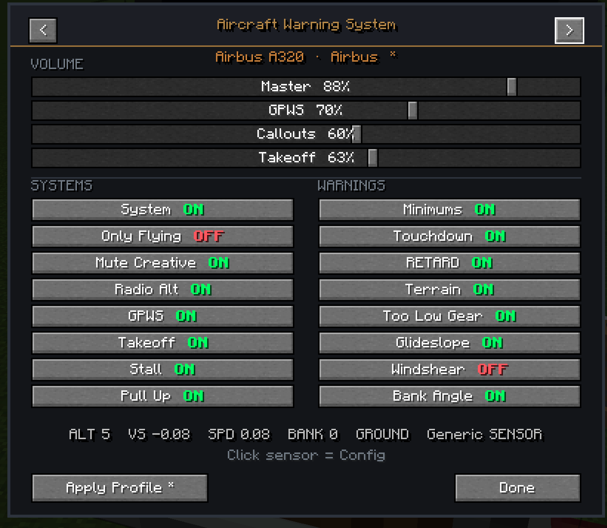 AWS 1.0.9 config menu: plane profile, category volumes (Master / GPWS / Callouts / Takeoff), and warning toggles.
For a clean, sharp interface use Video Settings → GUI Scale 5 and Menu Background Blur OFF.