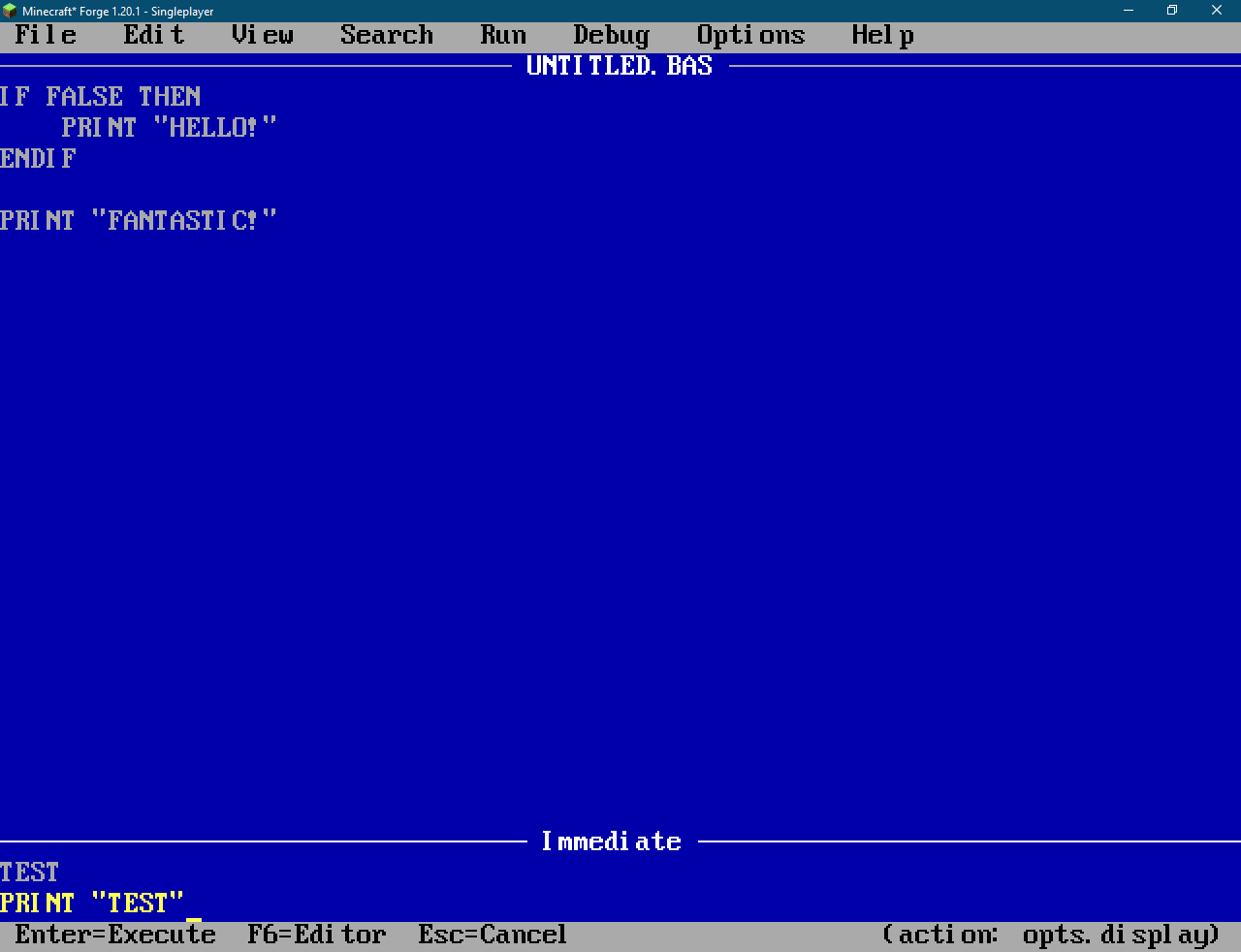 Supported Display modes: SCREEN 0 (Text display mode), SCREEN 12 (640x480; 16 colors), SCREEN 13 (320x200; 256 colors).
You can render 2D Graphics by using commands PSET,CIRCLE,LINE,COLOR.