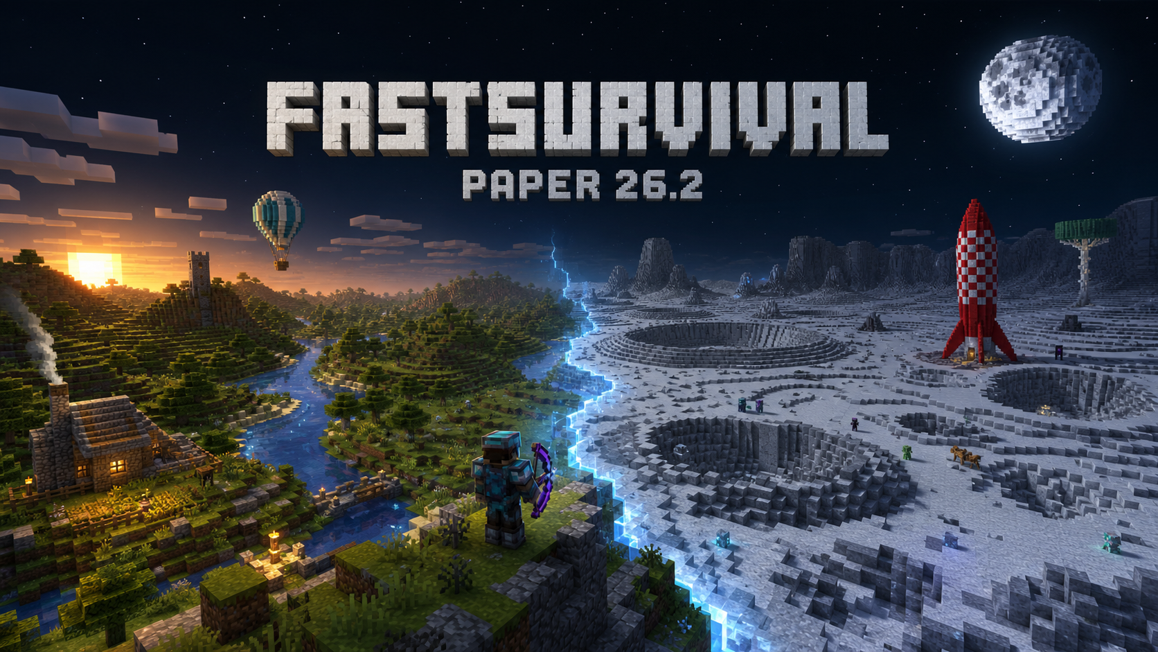 FastSurvival 3.22 cover art: a survival world meeting a cratered Moon