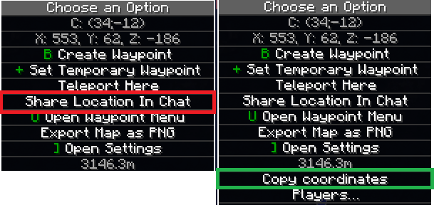Thumbnail Xaero has a public way to share waypoints. I have added a way to silently share coordinates without having to type out the numbers. Numbers can be hard.