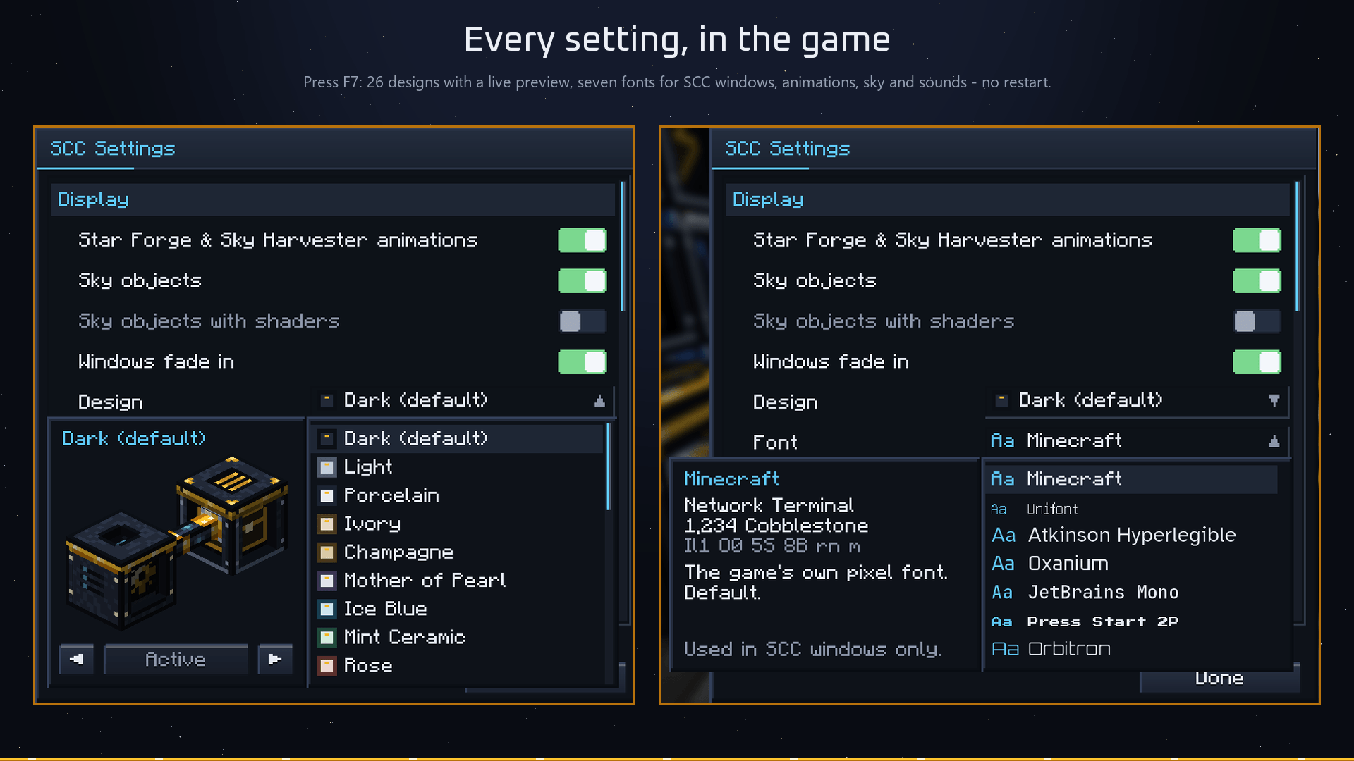 Every setting in the game: designs with live preview and fonts