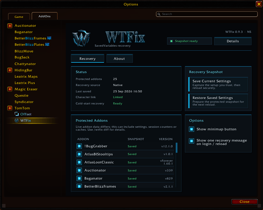 WTFix 0.9.3 Recovery panel showing a ready trusted snapshot, linked character identity, cold-start recovery status, protected addons, and Save/Restore controls.