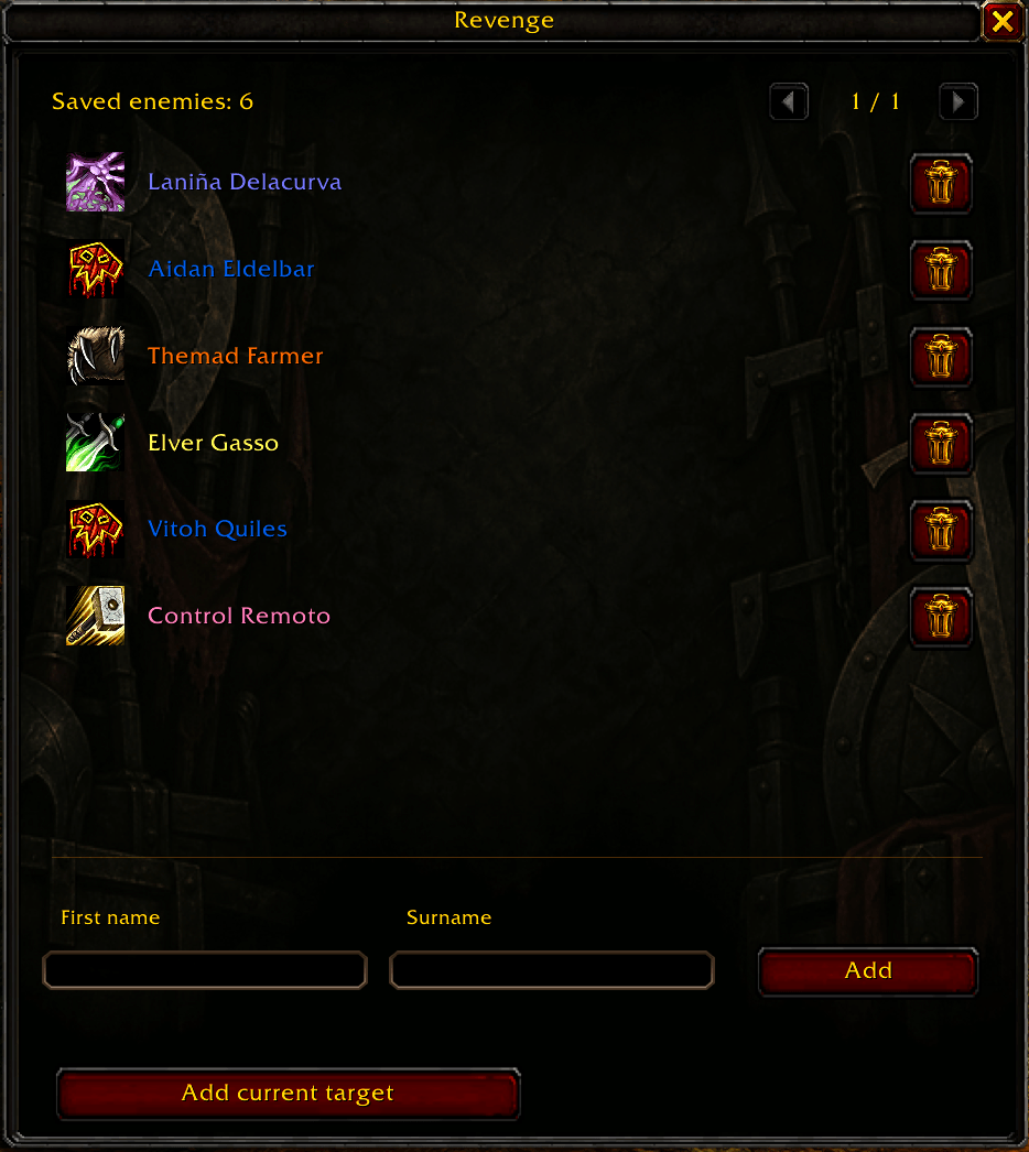 Revenge interface showing the enemy list and controls for adding players