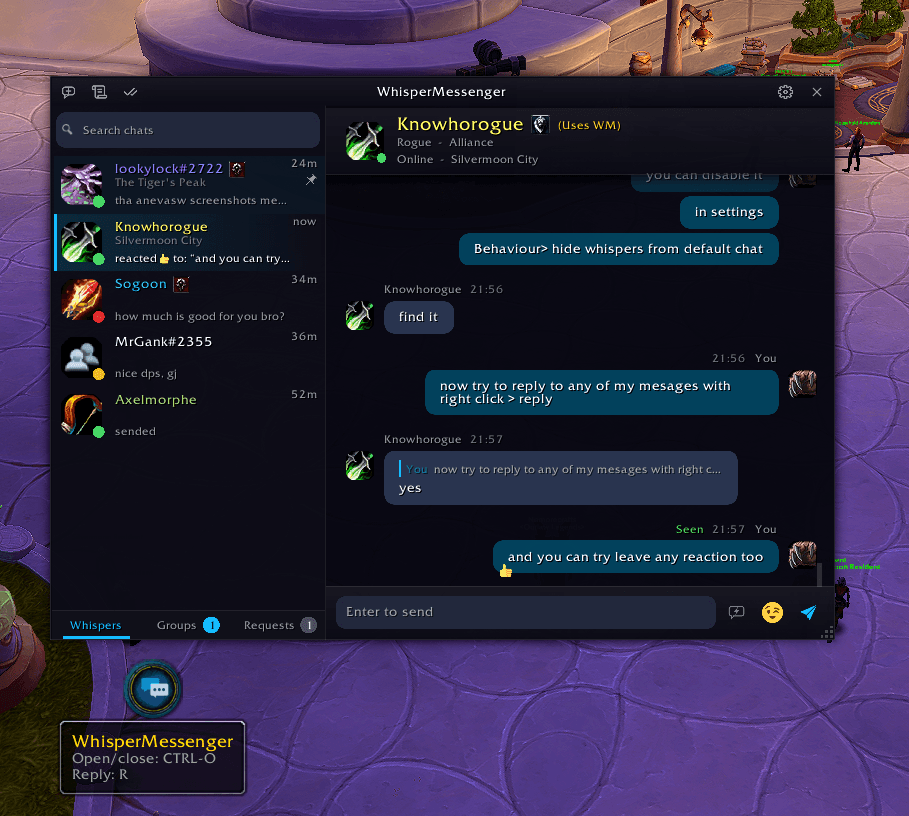 WhisperMessenger window with replies, reactions and a Seen receipt