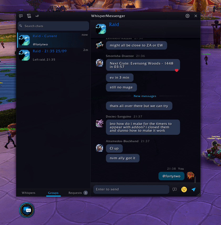 Raid chat in the Groups tab with a New messages line