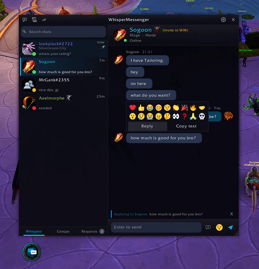 Right-click menu with reactions, Reply and Copy text