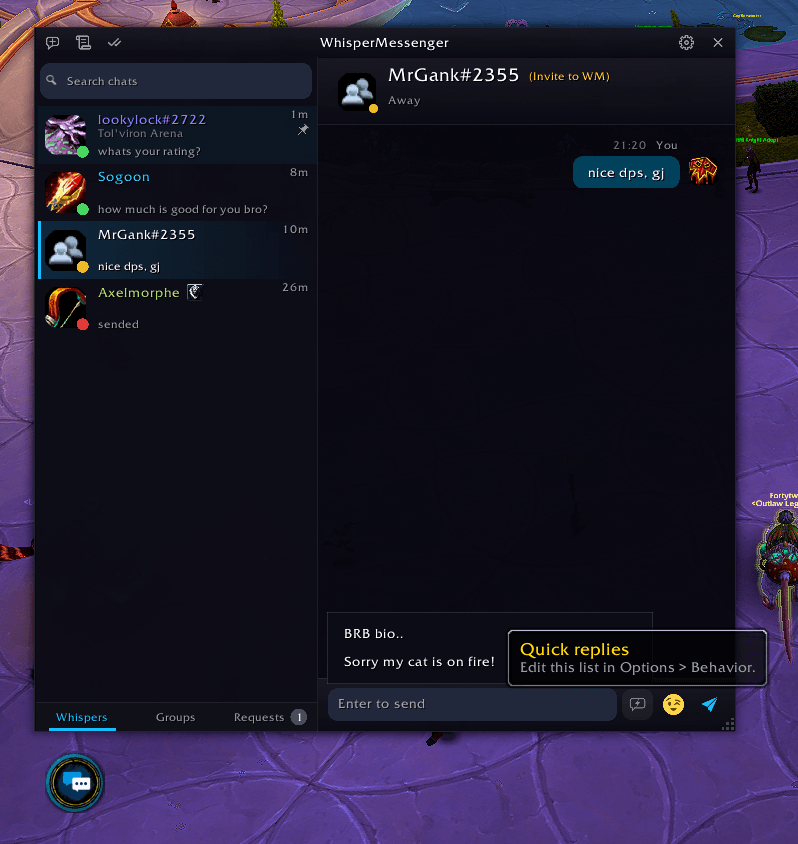 Quick replies menu next to the message box