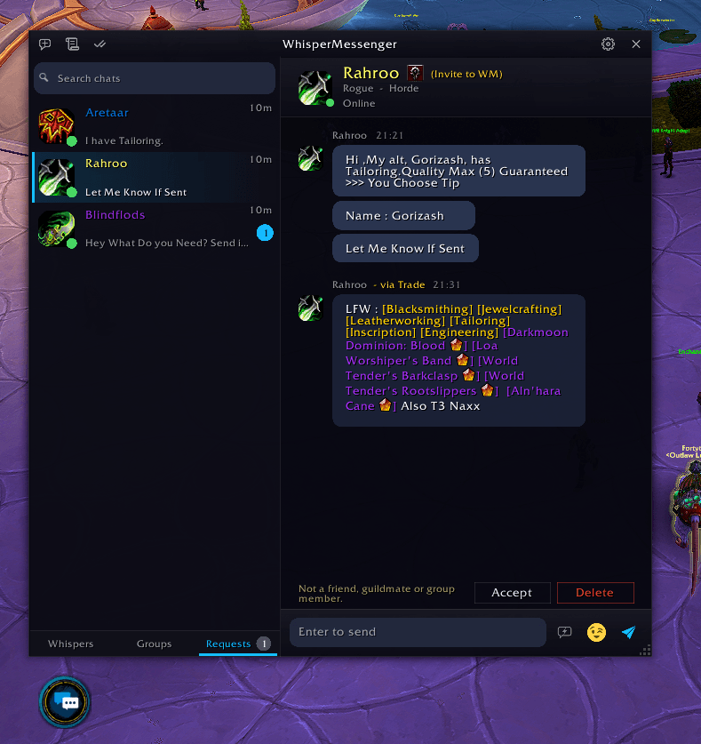 Requests tab with Accept and Delete buttons for a stranger's whisper