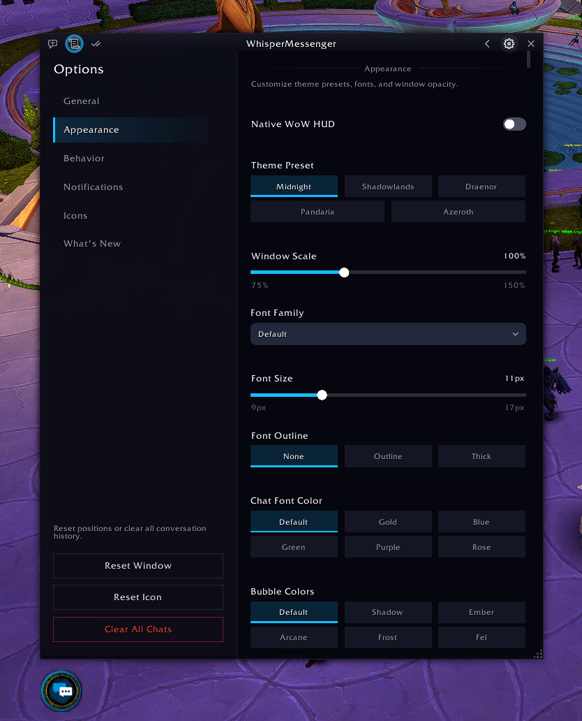 Appearance settings: themes, scale, fonts and bubble colors