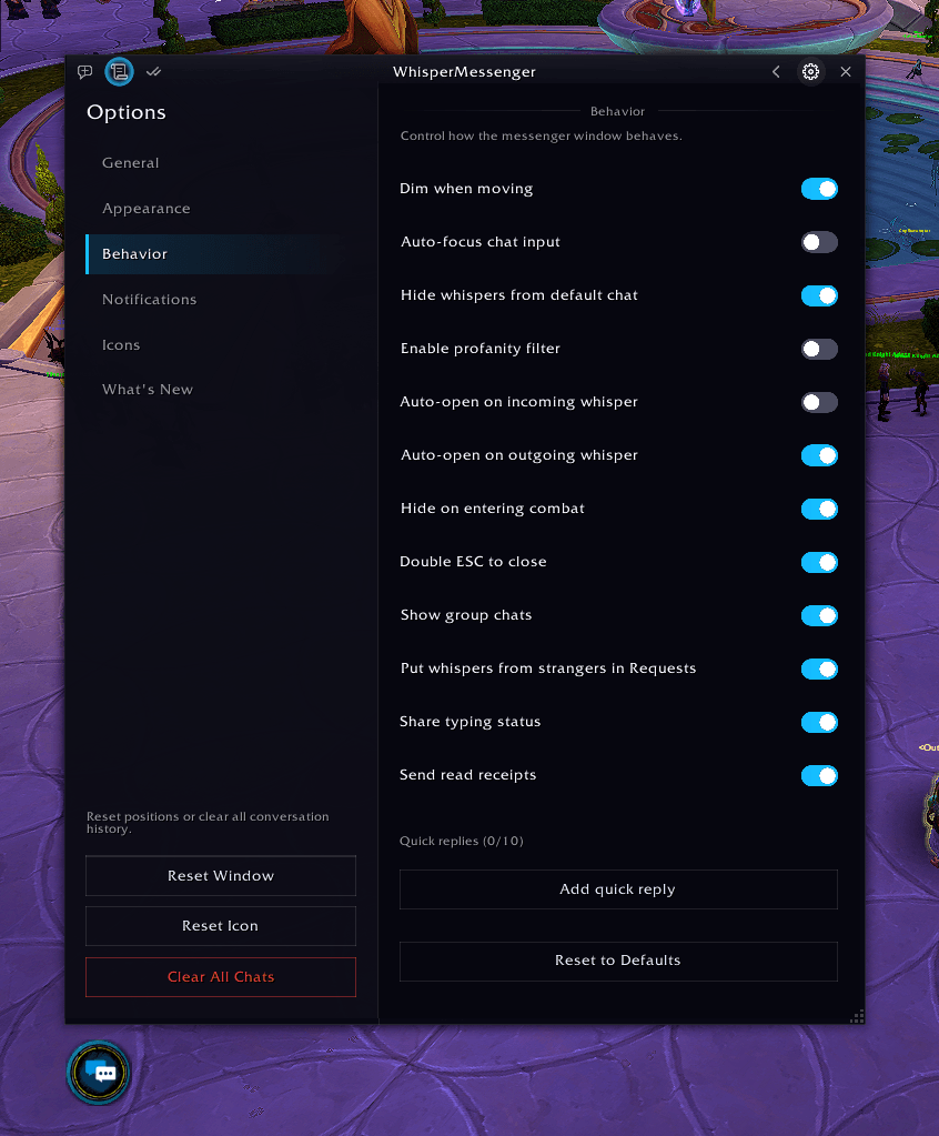 Behavior settings: auto-open, combat, requests, typing status and read receipts