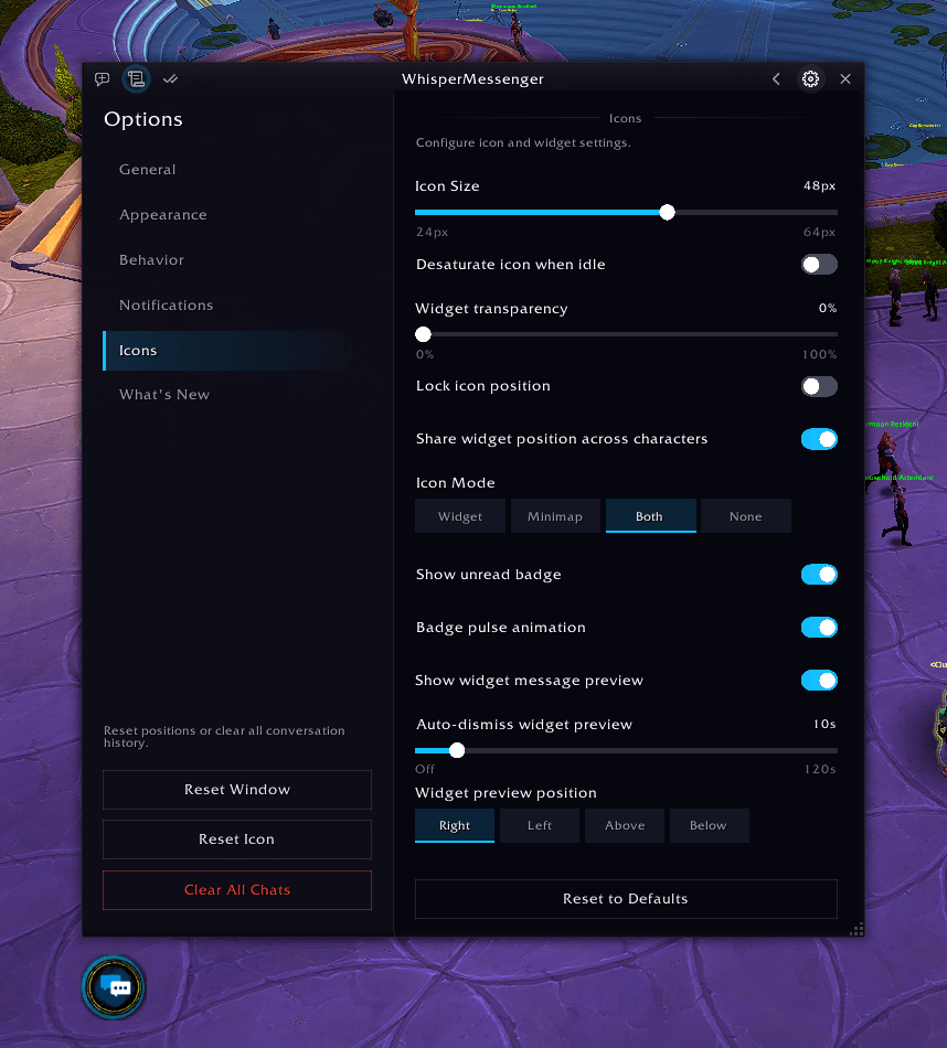 Icons settings: size, badge, widget preview and icon mode