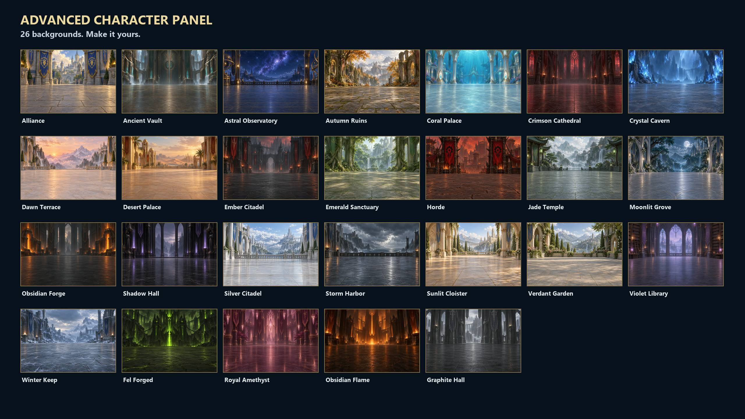 Choose a backdrop for your character, including Alliance and Horde scenes.