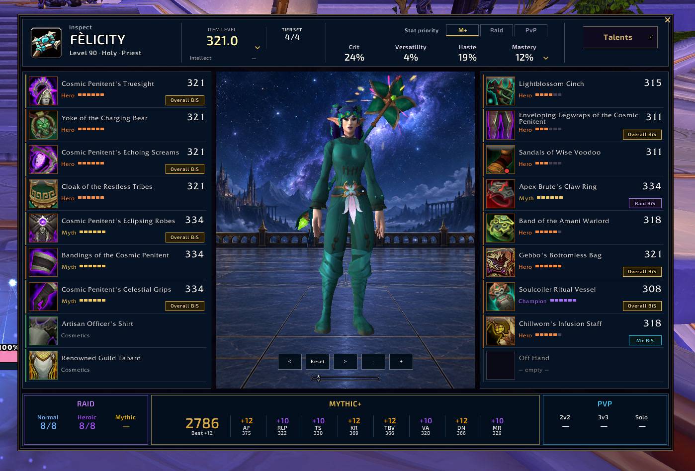 Inspect equipment and compare Raid, Mythic+ and PvP progress in one panel.