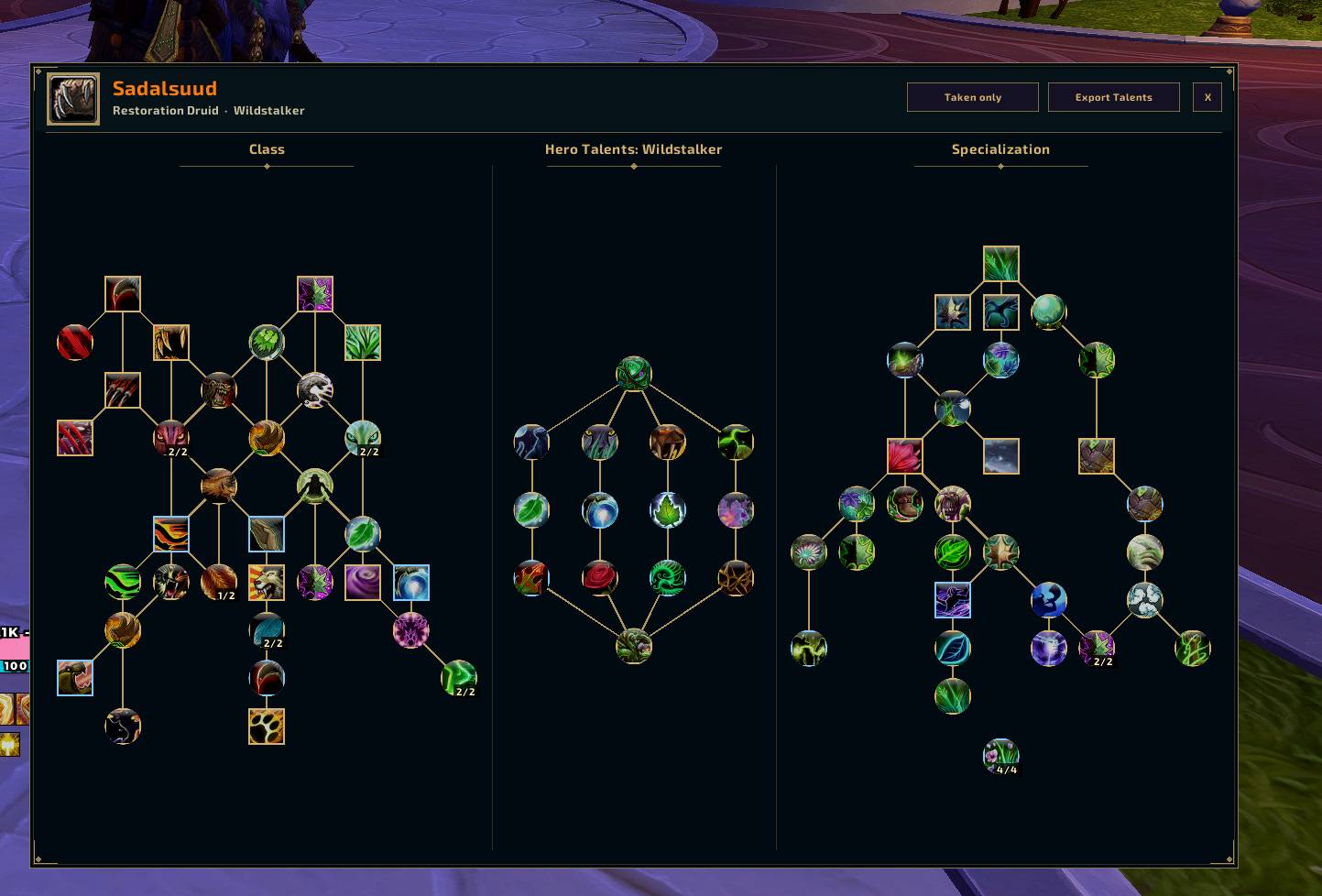 View inspected talent builds, switch between taken talents and the full tree, and export builds.