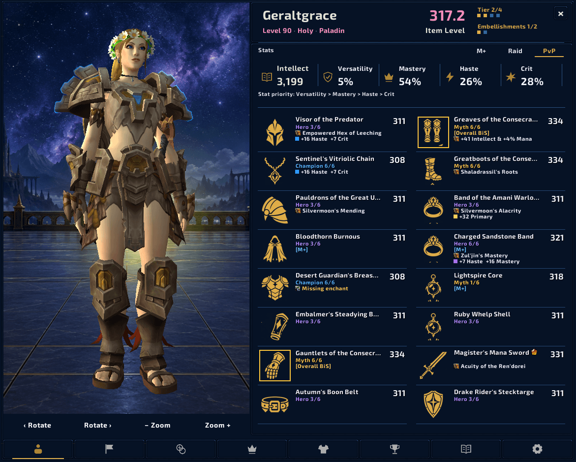 A full character view with equipment details and stats against a custom background.