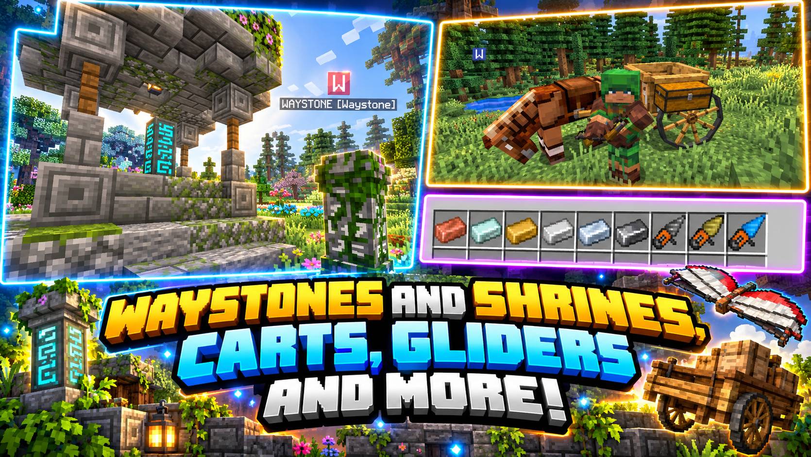 Thumbnail Mountains of Mods and content including Waystones, shrines, carts, callable horses, more metals and gems, gliders and so much more....