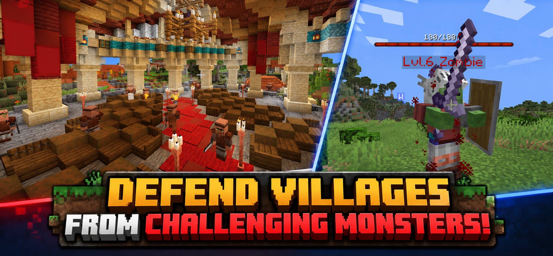 Thumbnail Huge villages with guards and challenging enemy mobs ranging from level 1-6... Level 6 mobs are extremely powerful... Farther you travel from 0 0 coords increases the rates of higher level mobs...