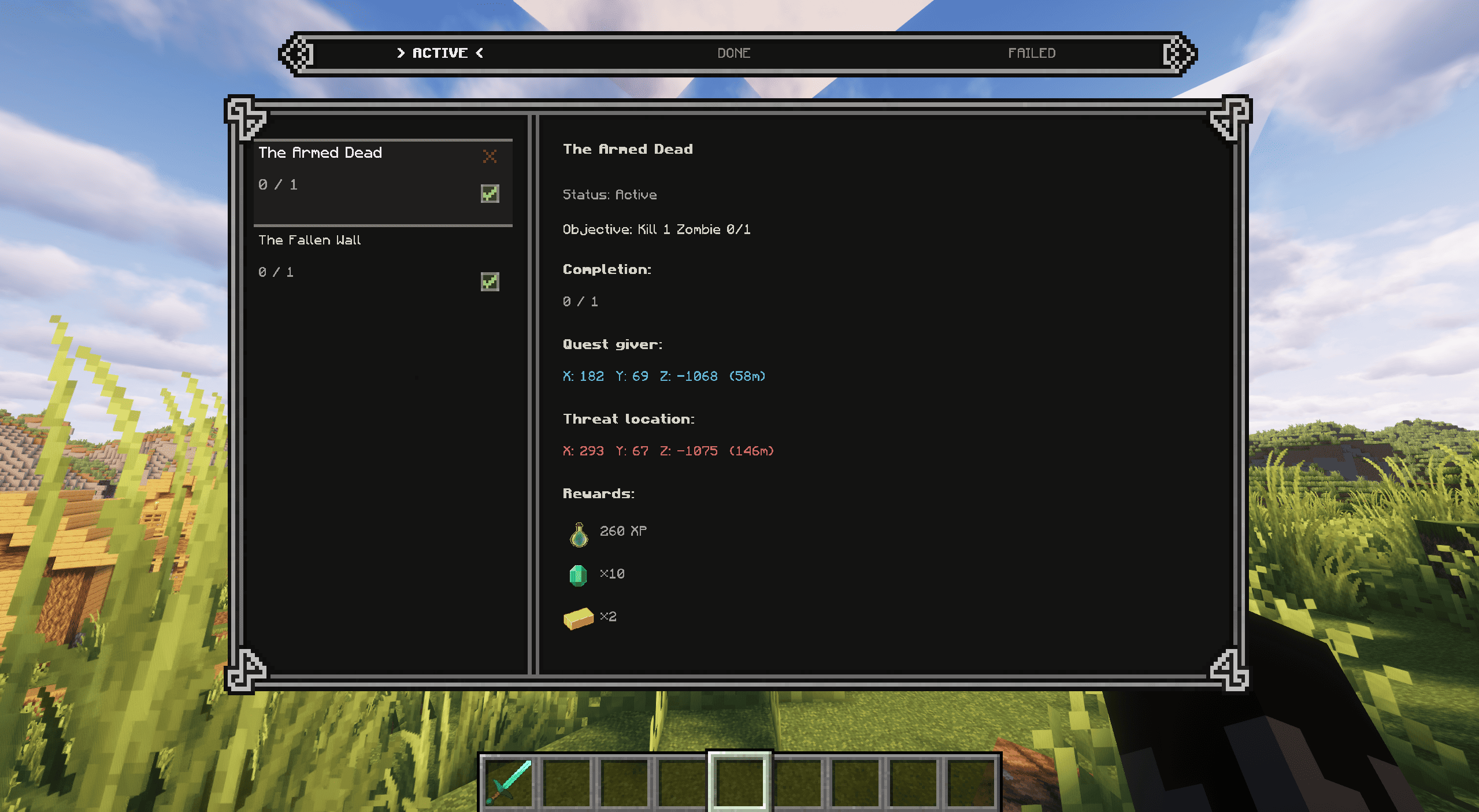 The quest journal showing an active story, objectives, a destination, and rewards