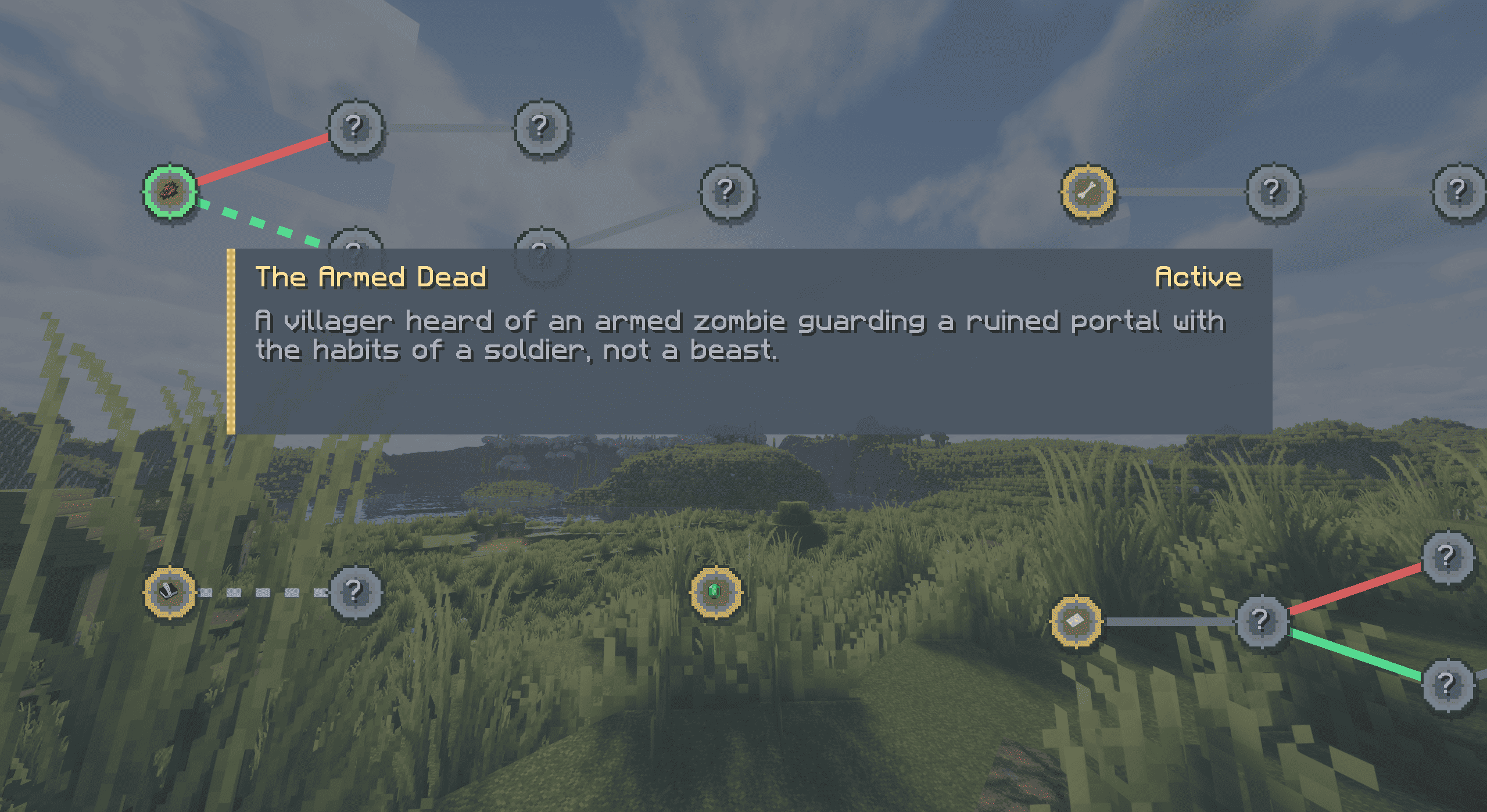 The quest map showing connected story nodes and a quest description