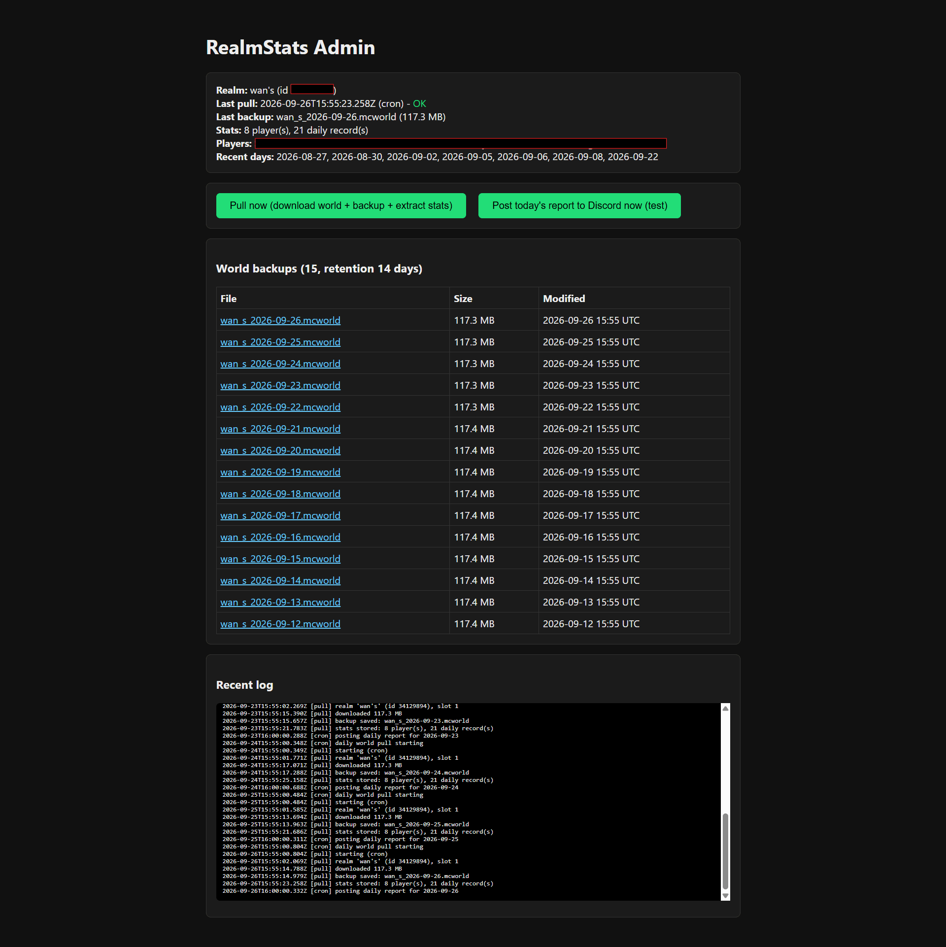 RealmStats - Daily Discord Reports & Backups for Bedrock Realms — screenshot 2