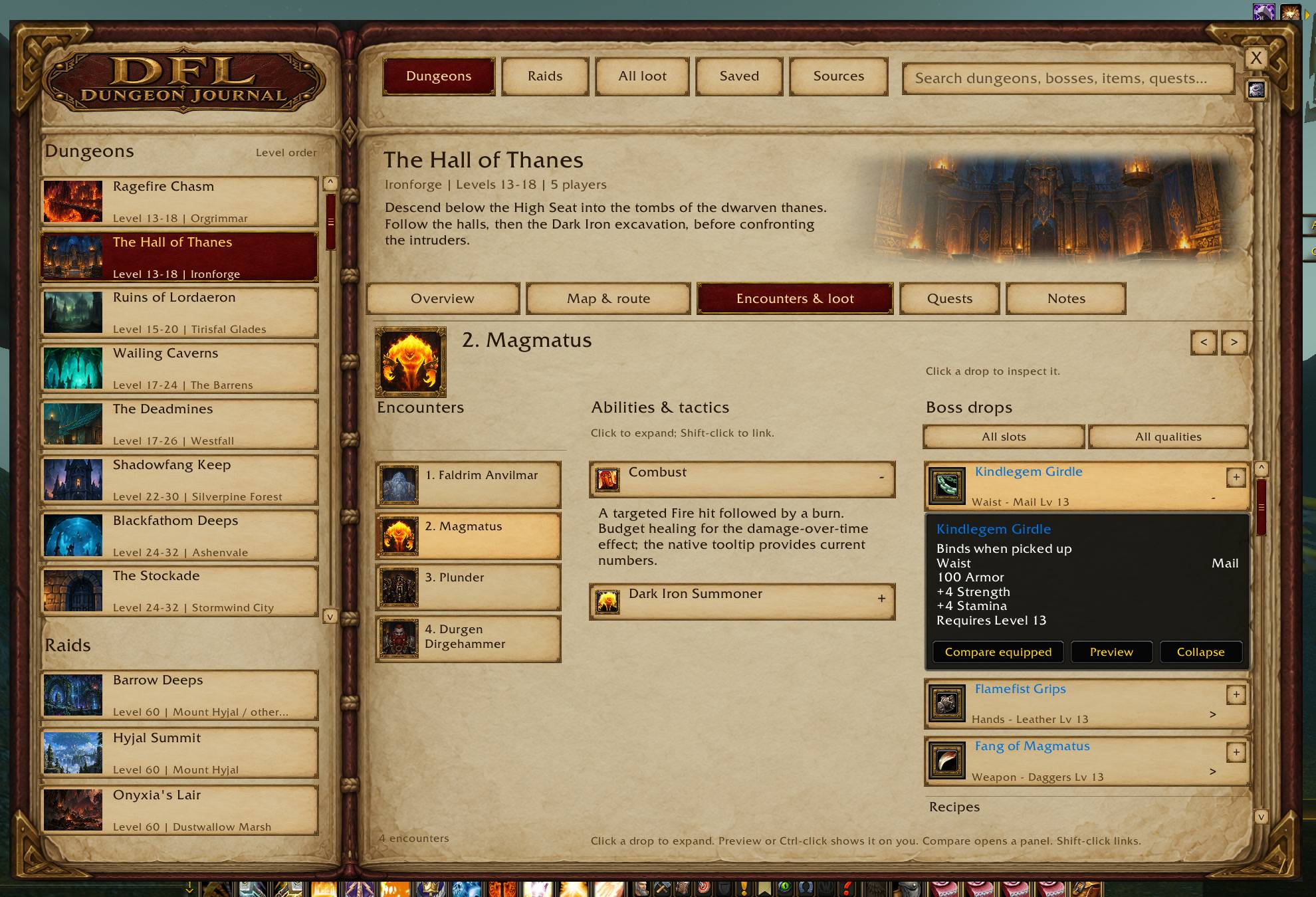 Every boss with abilities, tactics and recorded drops, filtered by slot and quality. Click a drop for the full tooltip.