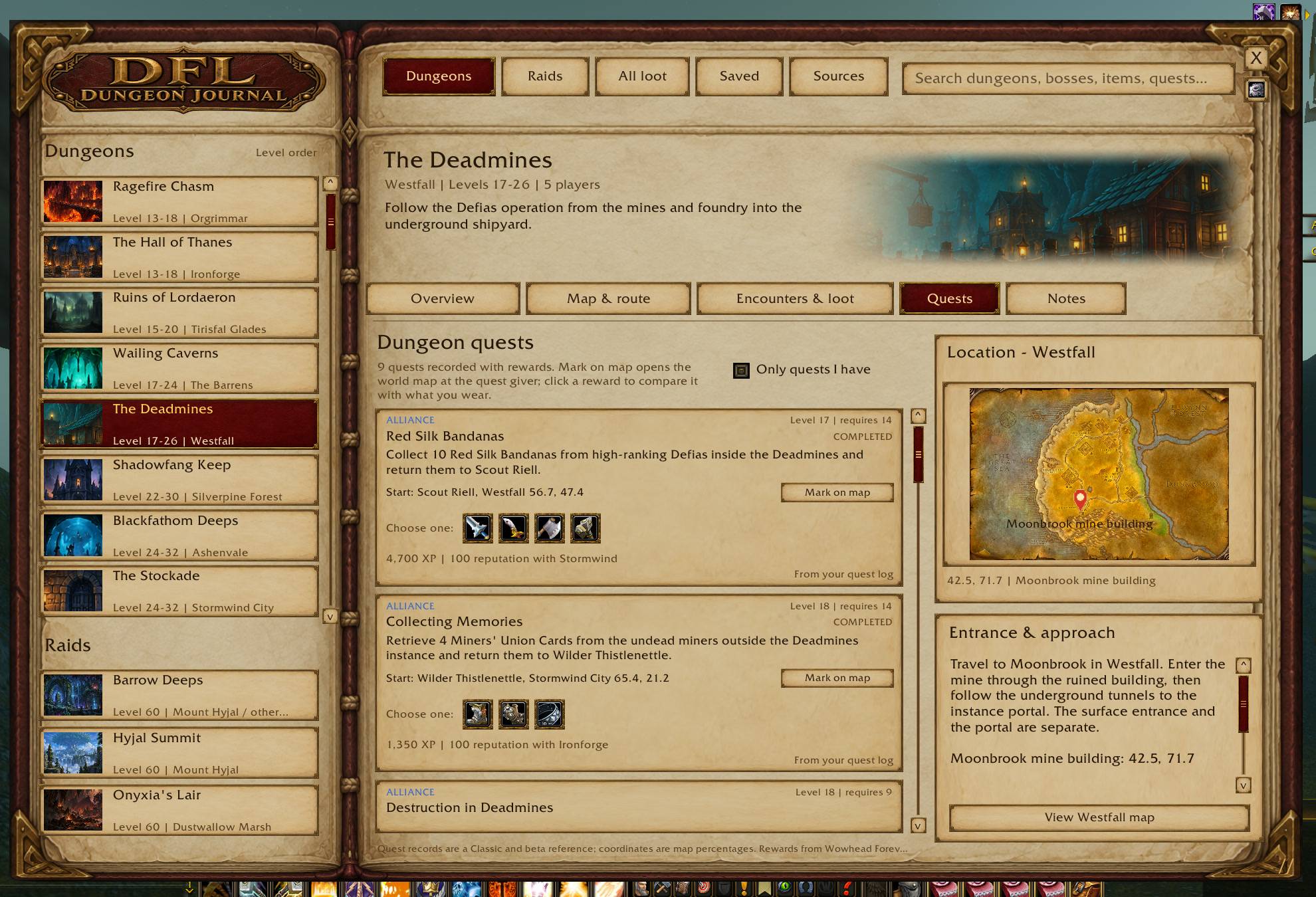 Every quest with its giver, turn-in and rewards as icons you can hover and compare against what you wear. The tracker reads your quest log.