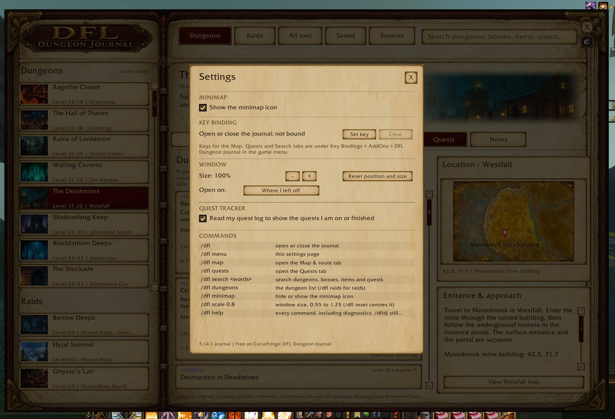 The gear under the close button: hide the minimap icon, bind a key, set the window size and the tab it opens on, and read every command.