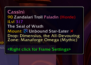 Player tooltip with item level, the mount they ride and where to get it