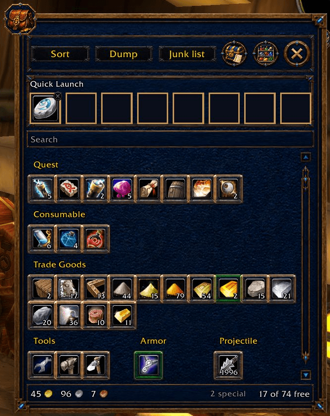 Live capture: the character's actual inventory grouped into categories, with Quick Launch and search. No sorting, selling, depositing or item use was performed.