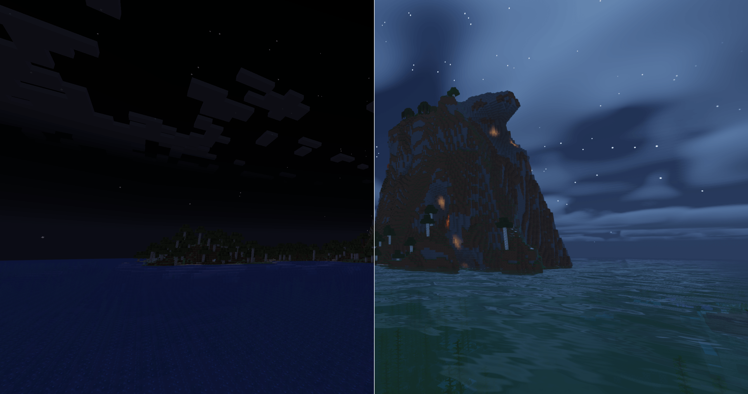 Thumbnail Shaders disabled on the left; Firmament High on the right. Original gameplay captures with no color adjustments.
